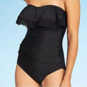 Kona Sol Women's Crochet Flounce Bandeau One Piece Swimsuit Black Size XL